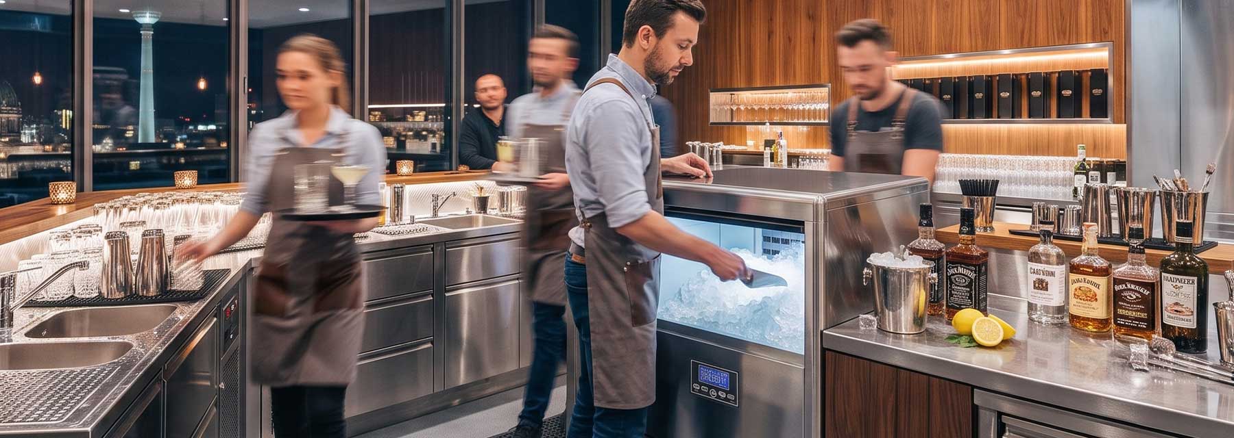 Eiswürfelmaschine im Dauereinsatz hinter einer gut besuchten Bar in Berlin
