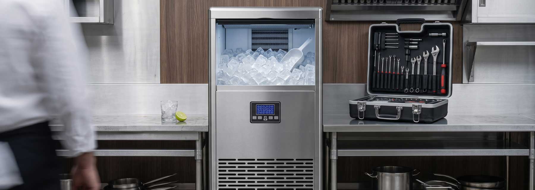 Werkzeugkoffer neben einer Eiswürfelmaschine