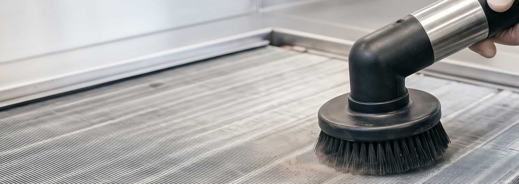 Hand mit Schutzhandschuh reinigt die Aluminiumlamellen eines Kondensators vorsichtig mit einer weichen Staubsauger-Bürste
