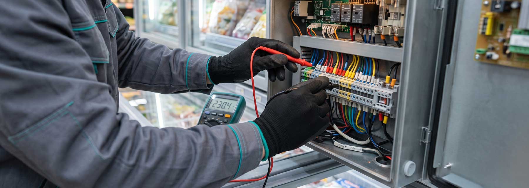 Techniker von Ohm Kältetechnik misst mit dem Multimeter die Steuerungsplatine eines Tiefkühlregals durch