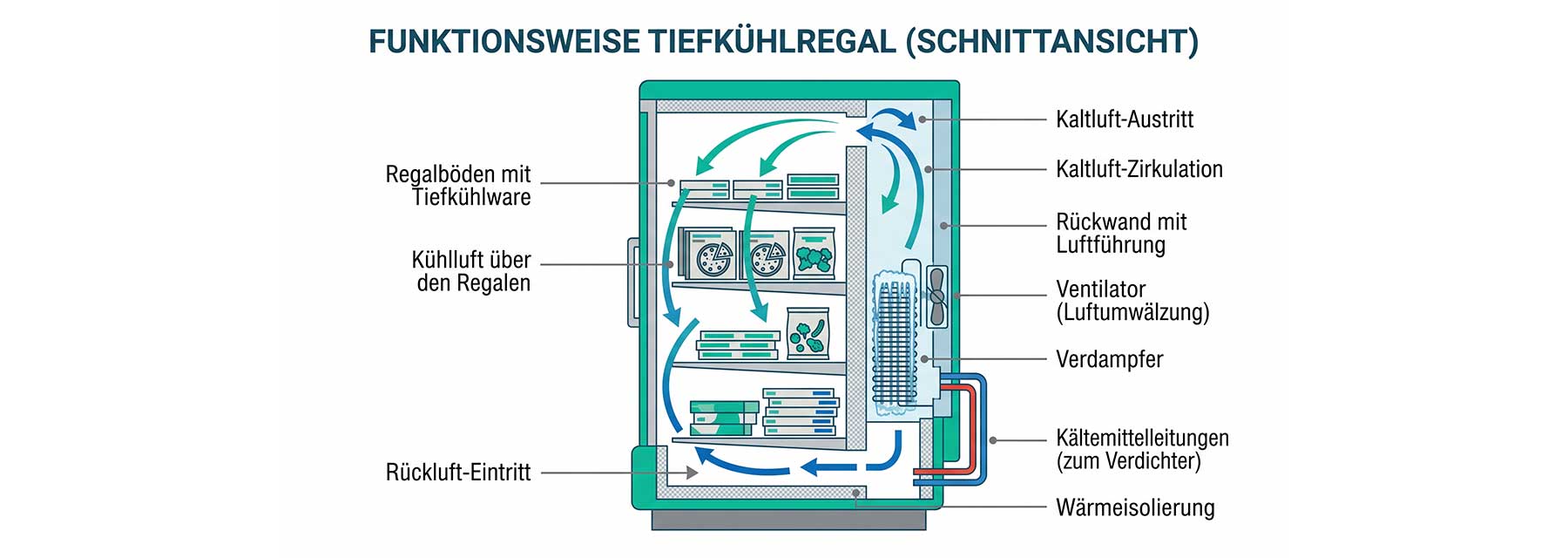 Schematische Darstellung eines Verdampfers im Kältekreislauf eines Tiefkühlregals mit Ventilator und Luftführung
