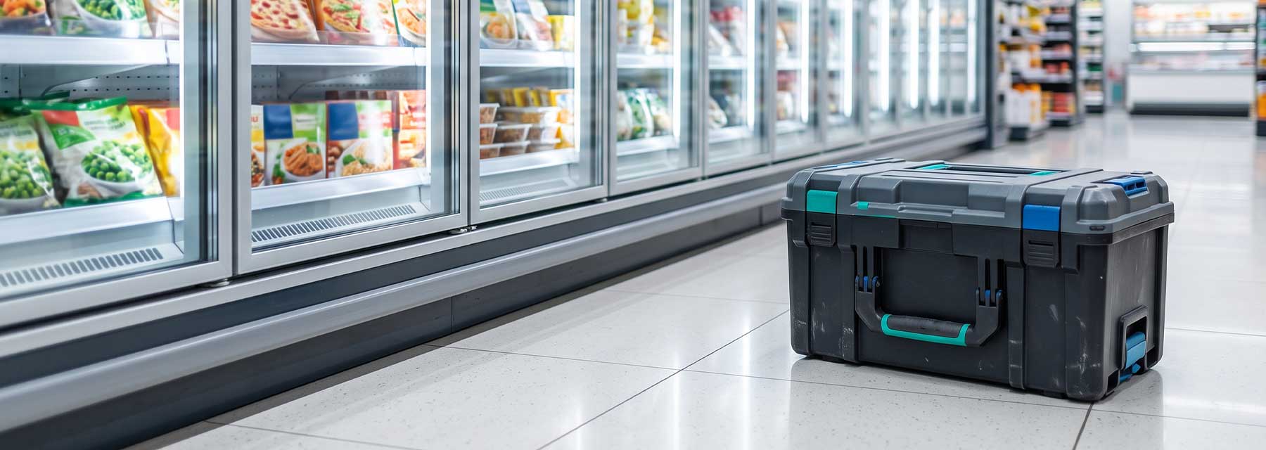 Servicekoffer von Ohm Kältetechnik vor einer Reihe von Tiefkühlregalen in einem Supermarkt