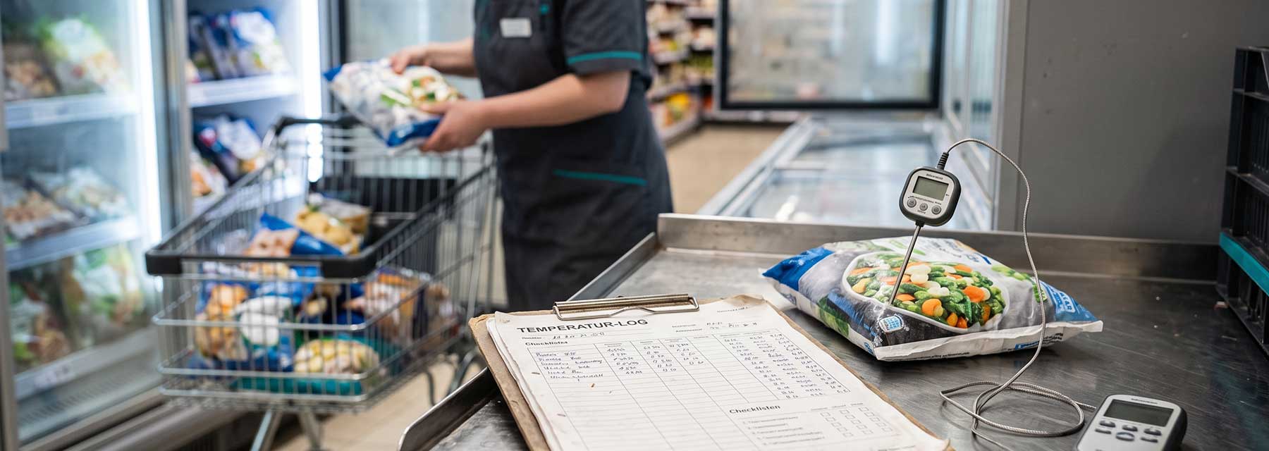 Mitarbeiter eines Supermarkts lagert Tiefkühlware um und dokumentiert die Temperatur auf einem Klemmbrett