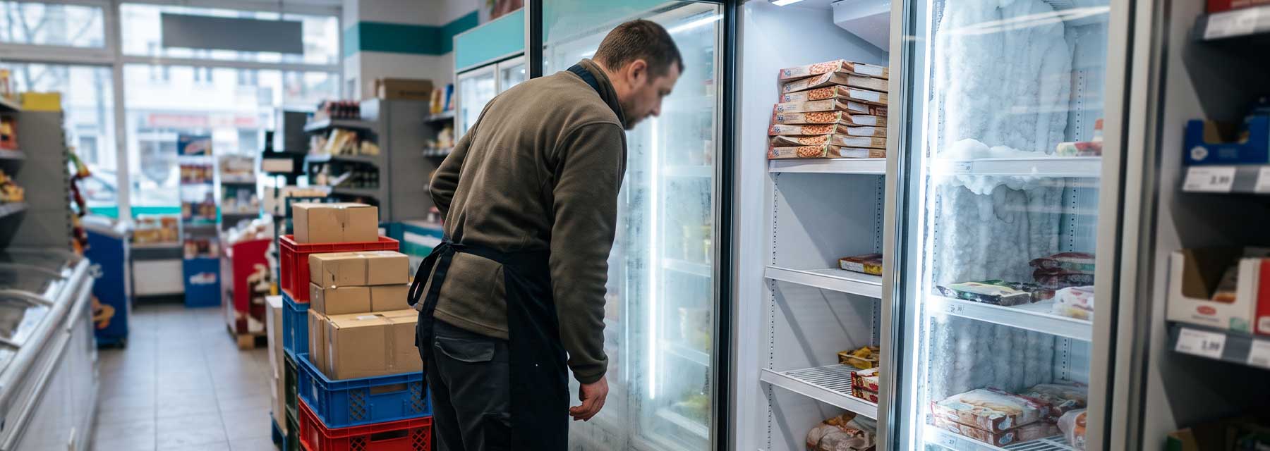 Tiefkühlinsel mit dicker Eisschicht im laufenden Betrieb eines Supermarkts in Berlin