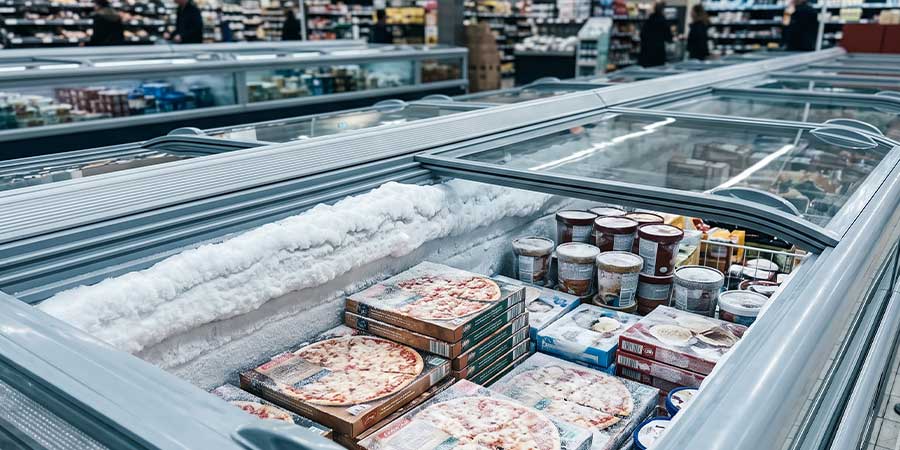 Dicke Eisschicht an der Innenwand einer Tiefkühlinsel im Supermarkt